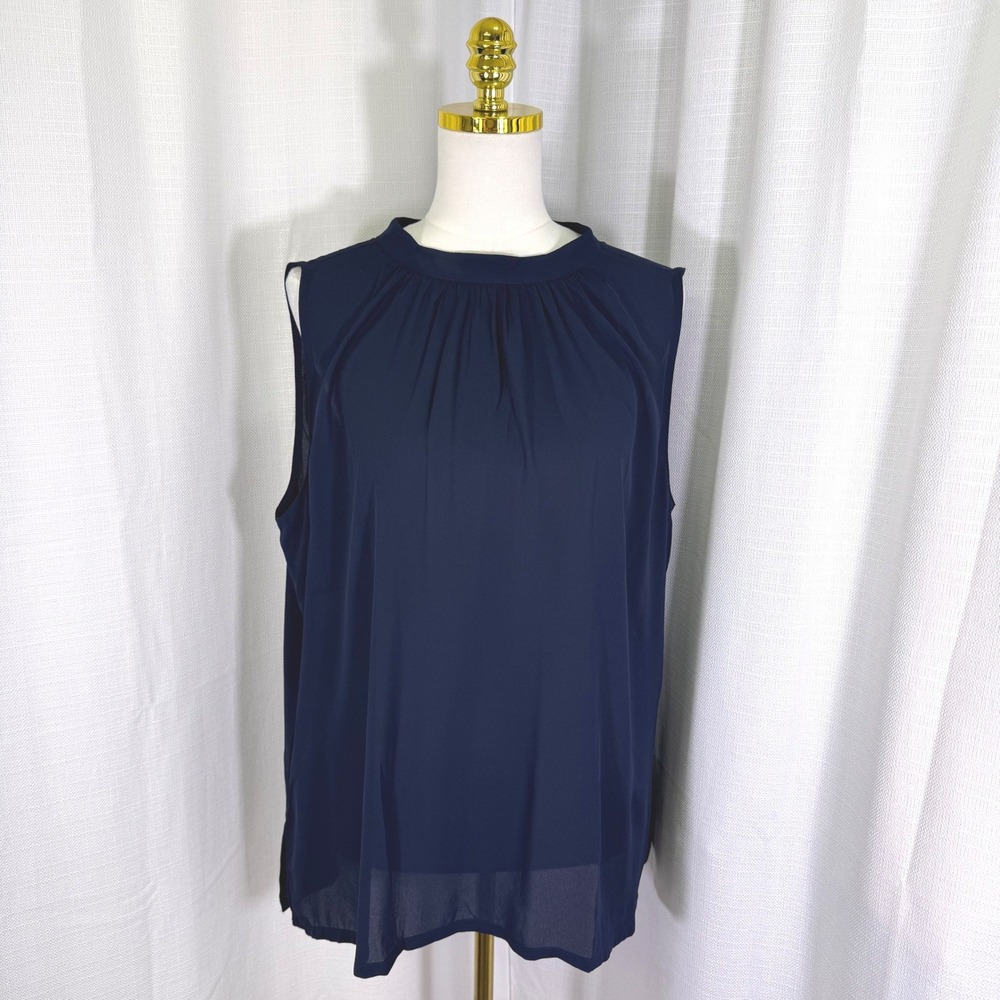 NEW Loft Outlet‎ Sleeveless Blouse Women XL Navy Blue Pleated Bow Back High Neck